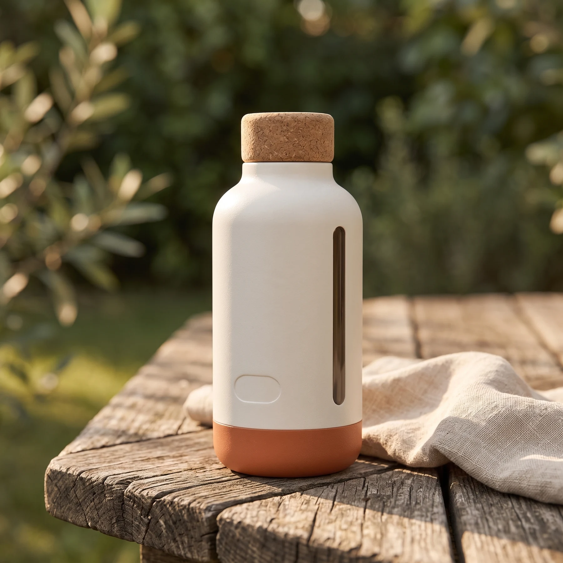 Verified Gemini campaign output of the Field Bottle in a warm outdoor field setting