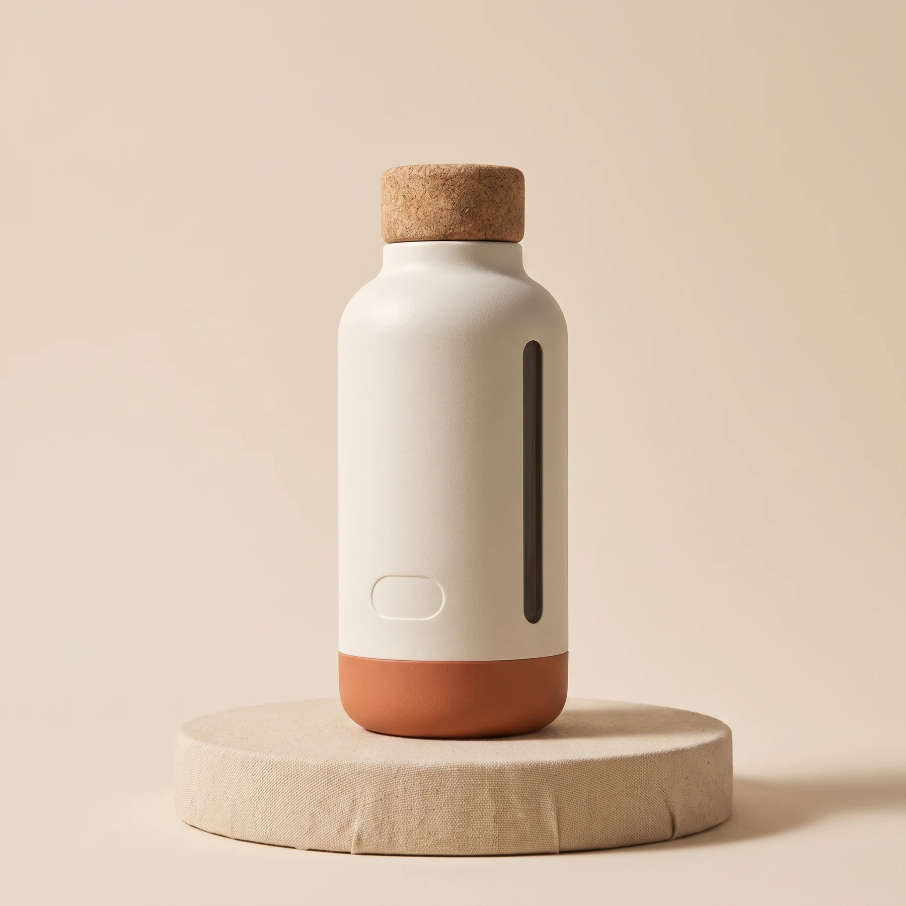 Verified Gemini campaign output of the bone-white Field Bottle in a warm studio